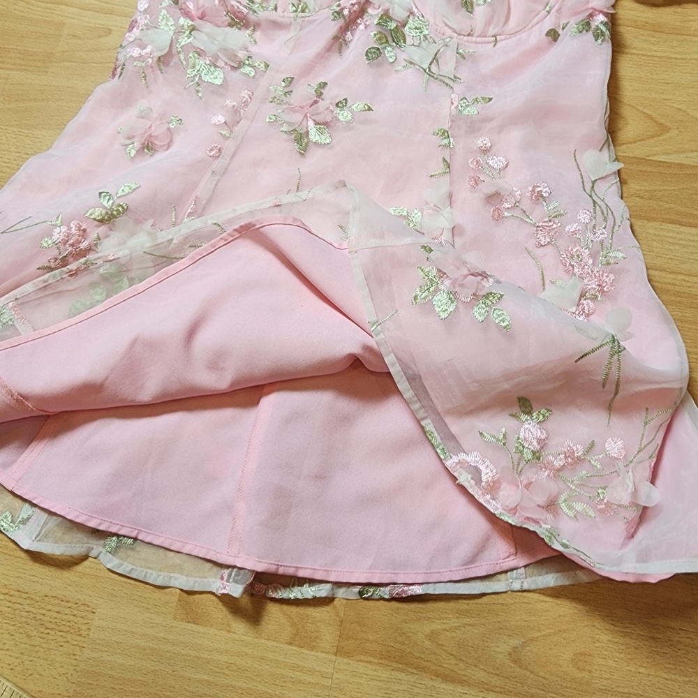 Sugar Thrillz 3D Floral Pink Green Puff Sleeve Mini Dress Size 1X Fairy Coquette - Picture 9 of 16
